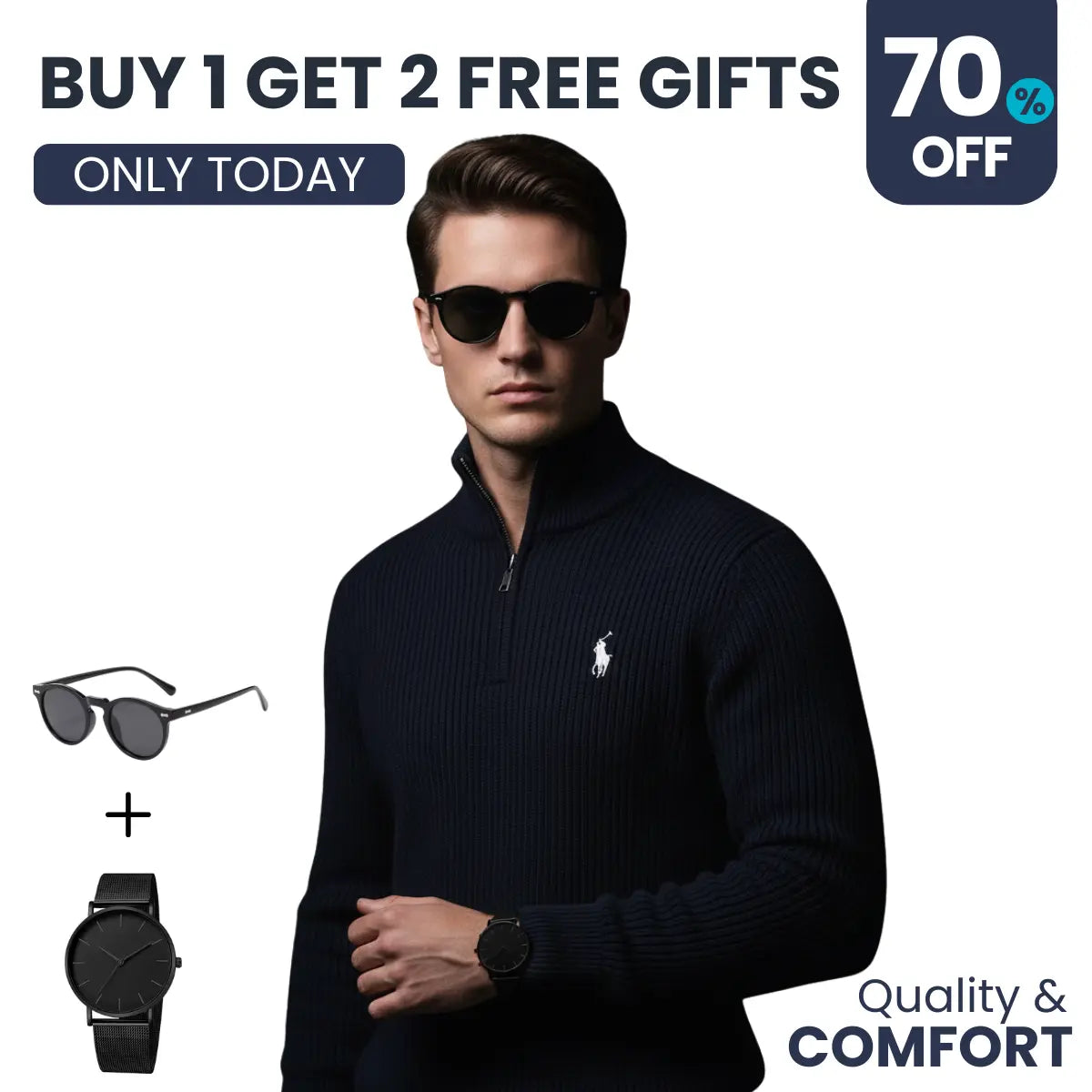 The Prestige Package (Sweater + Minimalist Watch + Classic Sunglasses)